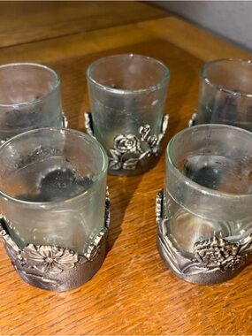Set of 5 Floral Pewter-Trim Glass Tealight Holders - Clear